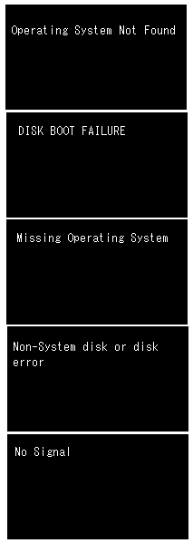 Operating System Not Found,DISK BOOT FAILURE,Missing Operating System,Non-System disk or disk error,No Signal